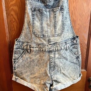 Acid wash denim overall shorts